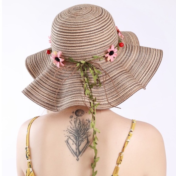 Khaki Boho Flower Pink Decor Floppy Sun Hat - Picture 4 of 13